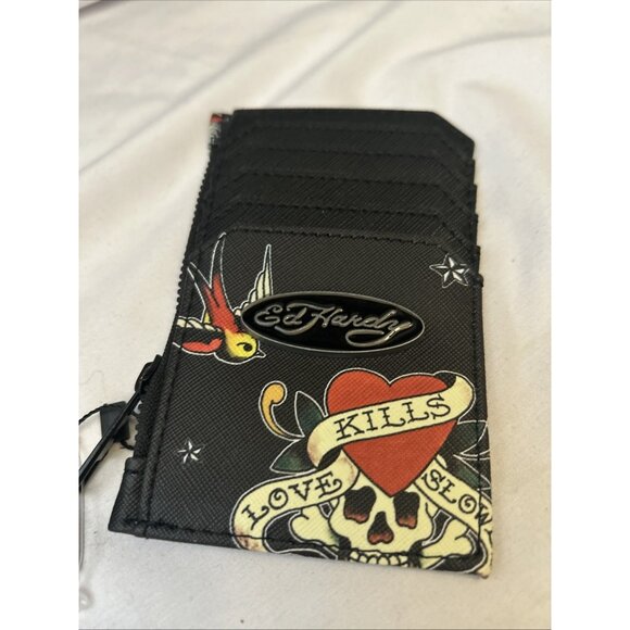 ED HARDY ID CARD CASE Coin Bag W/zipper Tattoo Colorful Love Kills Slow Try - Picture 2 of 10